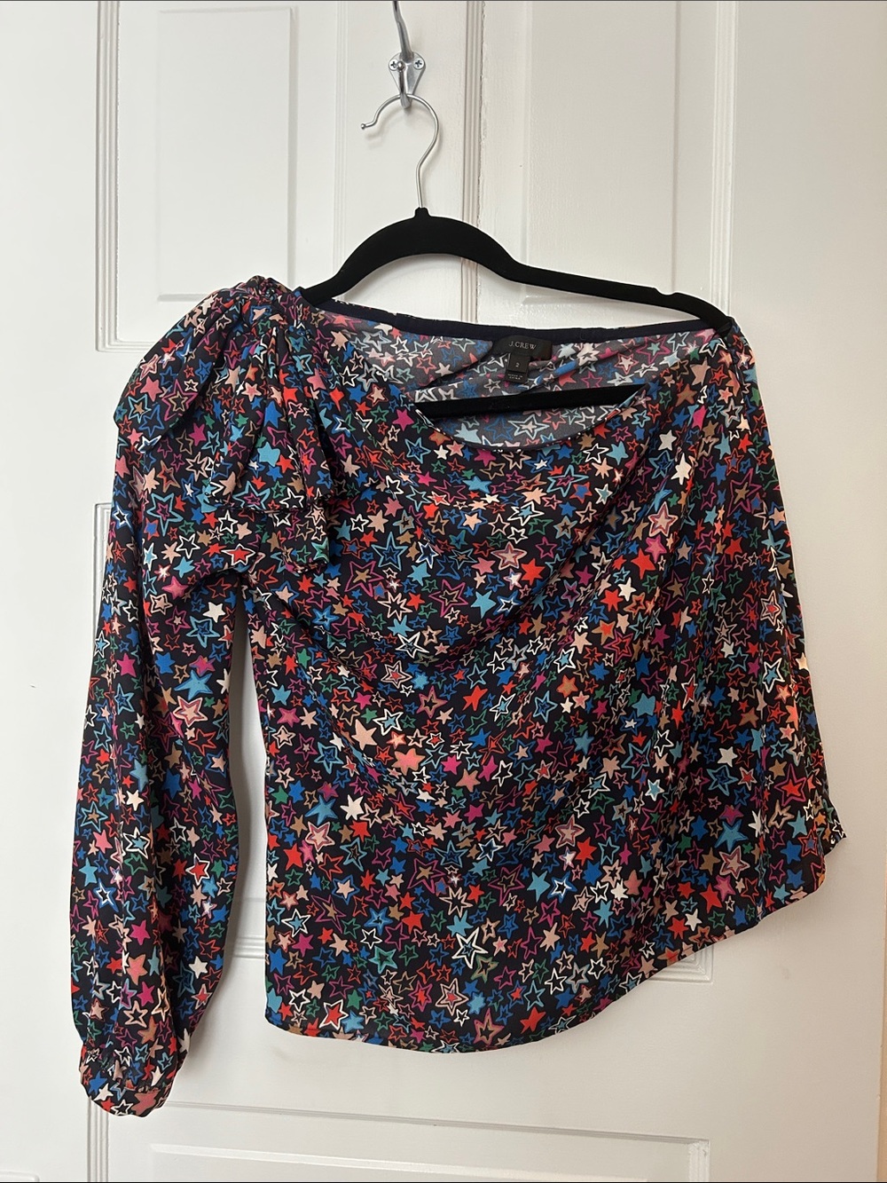 J. Crew Black Multi-Star Print One-Shoulder Blouse
